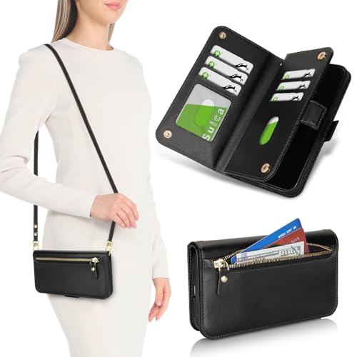 for iPhone 15 Pro Wallet Case for Women,for iPhone 15 Pro Case with Strap Crossbody Lanyard,PU Leather Shockproof Card Holder Stand Zipper Pocket Flip Phone Case-Black - color: Black