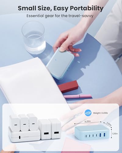 USB C Charger 200W USB Charging Block,6 Ports Foldable Wall Charger Outlet Plug,QC4.0 Fast Charging Station Hub,PD 65W Laptop Adapter for MacBook Pro/Air,Dell,iPhone 17/16/15,Galaxy (Light Blue) - color: Light Blue