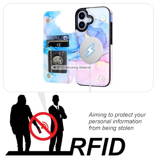 HAOPINSH Wallet Case for iPhone 17, Compatible with MagSafe Wireless Charging, Pink Blue Marble Pattern Back Flip Folio PU Leather Kickstand Card Slots Case Double Magnetic Clasp Cover 6.3" - color: Pink Blue Marble for MagSafe