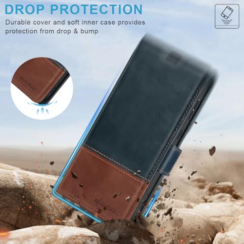 KEZiHOME Genuine Leather Wallet Case for Samsung Galaxy S24 Ultra | Navy Blue/Brown, RFID Blocking Card Slot, Kickstand, Magnetic Protective Phone Folio Cover, Compatible with Galaxy S24 Ultra - color: Navy Blue/Brown