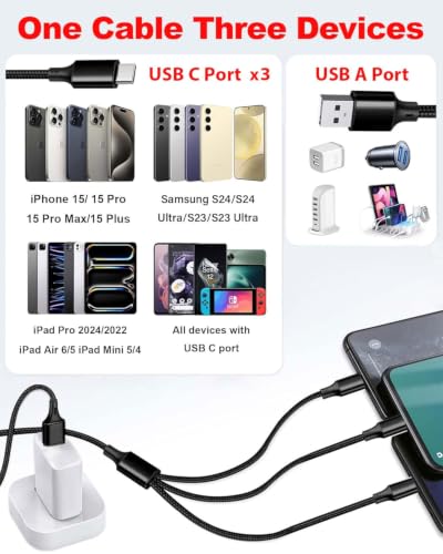 Awnuwuy Multi 3 in 1 USB C Cable 10FT 2Pack,Charge 3 Phones Simultaneously - color: Black 3USB-C, size: 10FT