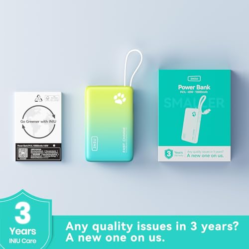INIU 45W Fast Charging Tablet Portable Charger, Smaller 10000mAh Power Bank - color: Cyan