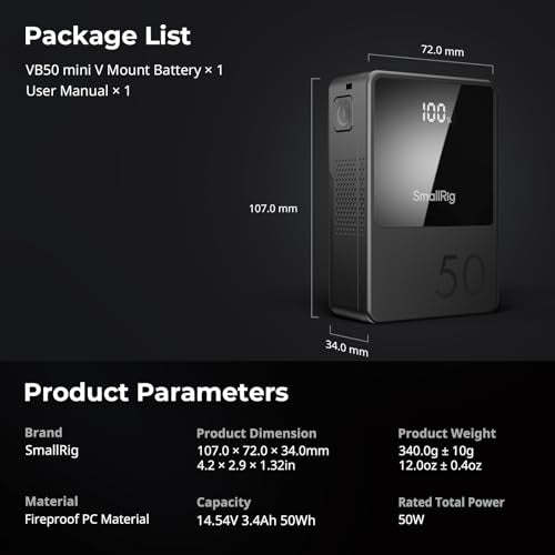 SMALLRIG V Mount Battery VB50, 50Wh / 3400mAh PD45W Mini V-Mount Battery | 1.5H Full Charge, with USB-C, D-TAP, USB-A, Dual DC Ports, OLED Screen, for Cameras, Phones, Camcorders, Monitors