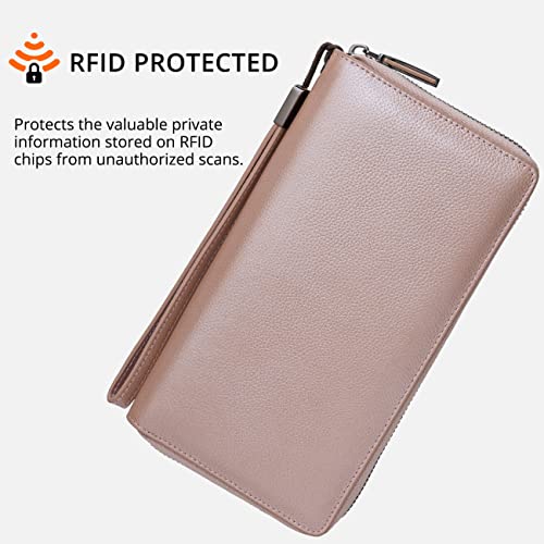 Bveyzi Women RFID Blocking Wallet Leather Zip Around Phone Clutch Large Capacity Ladies Travel Purse Wristlet - color: Rose Gold
