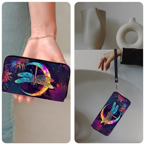 Ladies Wallet,Clutch Purses for Women Wallets Leather Credit Card Holder for Women Wristlet Slim Small Cute with Zipper,Thin RFID Blocking with Wrist Strap,Glitter Dragonfly Moon - color: Glitter Dragonfly Moon