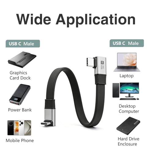 Duttek 80G Short USB C to USB C Cable 90 Degree 7.87inch, 240W/8K@60Hz Right Angle USB C Male to Male Flexible Flat Cable for Steam Deck, Laptop, Car, Gaming Setup - style: Side Angle to Vertical Angle 90 Degree USB C Cable