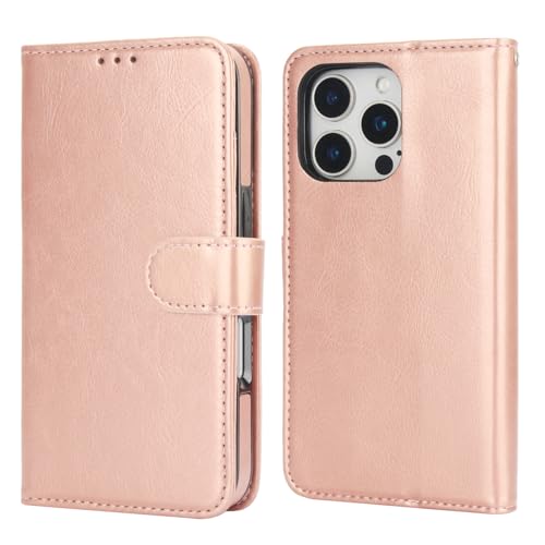 Bocasal Detachable Wallet Case Card Holder for iPhone 16 Pro, Rose Gold | RFID Blocking Kickstand Card Slots Holder PU Leather Magnetic Shockproof Wrist Strap Removable Flip Protective Cover 6.3 inch - color: Rose Gold