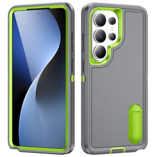 for Samsung Galaxy S26 Ultra Case with Kickstand Case 3-Layer Military Grade Protective Case Cover Silicone Heavy Duty Rugged Shockproof for Galaxy S26 Ultra Phone Case (Gray+Green) - color: Gray+Green