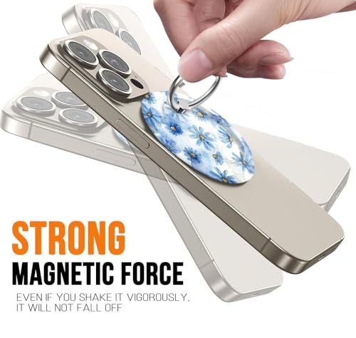 Magnetic Phone Ring Holder for MagSafe,360 Degree Rotation Magnet Cell Phone Grip Blue Daisy Design Stand Finger Ring Kickstand for Smartphone