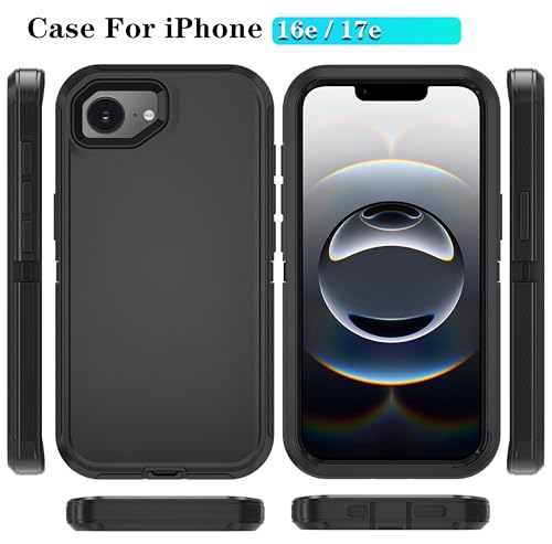 Phone Case for iPhone 16e Case & iPhone 17e Case with HD Screen Protector, Heavy Duty Shockproof & DustProof & 3-Layer Cover Phone Case for iPhone 16e/17e, Black - color: Black