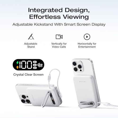 EF ECOFLOW Rapid Mag Power Bank, Qi2.2 25W MagSafe-Compatible Portable Charger, 10,000mAh Magnetic Power Charger with Built-in USB-C Cable and Foldable Stand, for iPhone 17/16/15 - color: White