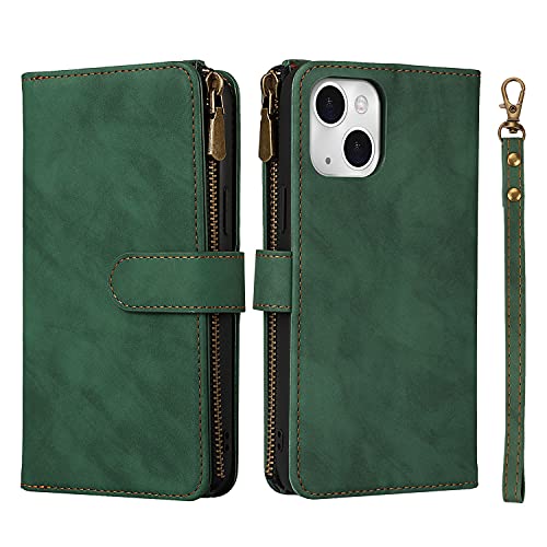 iCoverCase Compatible with iPhone 13 Wallet Phone Case with Card Holder, PU Leather Zipper Pocket Magnetic Detachable Flip Case with Wrist Strap (Green) - color: Detachable--Green