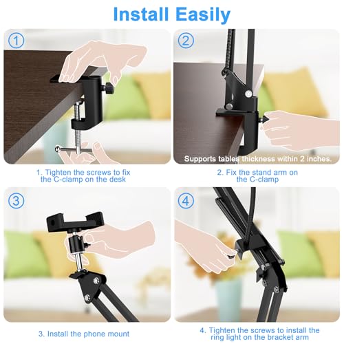 Overhead Camera Mount with Ring Light, 6‘’ Overhead Phone Mount Compatible with iPhone Camera Webcam, Articulating Arm Phone Mount for YouTube Live Stream Cooking Nail Video Recording