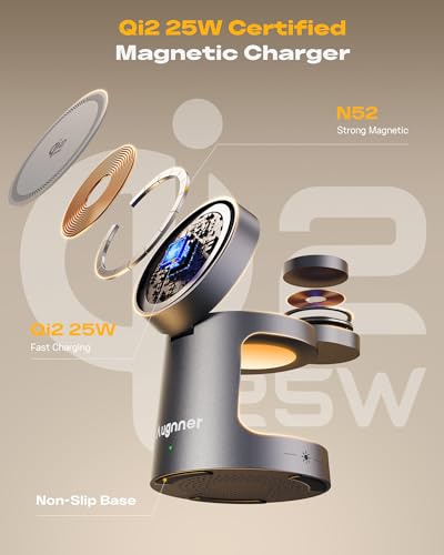 Qi2.2 25W 3 in 1 Charging Station for Apple Compatible with MagSafe Foldable Wireless Charger, Magnetic Charger with Night Light for iPhone 18/17/16/15/14/13/12, Apple Watch & AirPods (Dark Grey) - color: Bronze grey