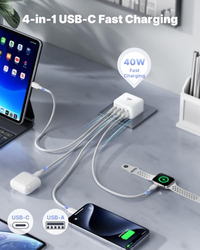2-Pack 40W Flat USB C Charger Block 4 Multi Slim Flat Wall Charger Multiple Ports Fast Charging Adapter with PD20W & QC 3.0 Charger Plug for iPhone 17/16/15/14/13/ Pro/Pro Max, Samsung Galaxy, iPad