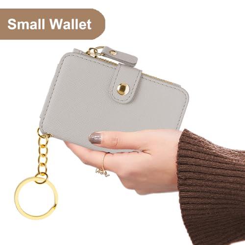 M-Plateau RFID Blocking Keychain Wallet With Leather Wrist Strap | Keychain Wristlet, Womens Card Holder with Zipper Coin Pocket and ID Window - color: Beige
