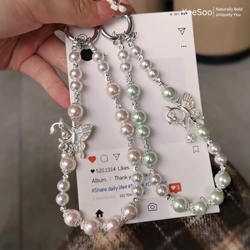 Korean-Style Pearl Butterfly Phone Charm - Luxe Hands-Free Elegance, Universally Compatible with iPhone & Android, Radiating Timeless Charm, Light Green - color: 03 Green Pearl Butterfly
