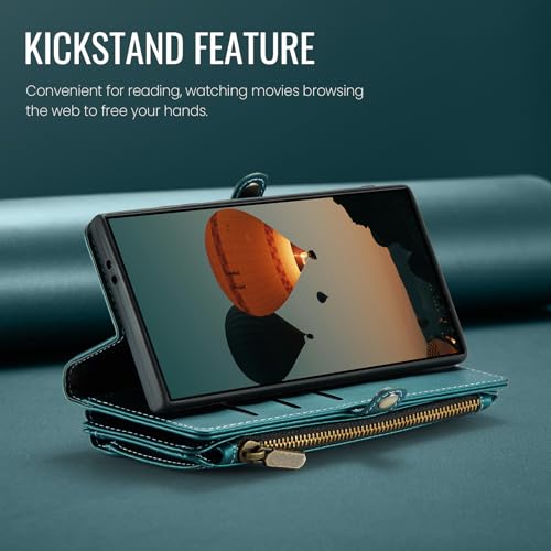 Defencase for Samsung Galaxy S25+/Plus Wallet Case with Card Holder, Green | with RFID Blocking Zipper Pocket, Durable PU Leather, Wrist Strap, S25 Plus Flip Phone Cases Cover with Stand for Women Men - color: Blue Green