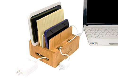 Bookaholic Bamboo Multi-Device Charging Station & Organizer - Rustic Elegant Desktop Dock for Smartphones, iPhone, iPad & Tablets - USB Compatible - Eco-Friendly