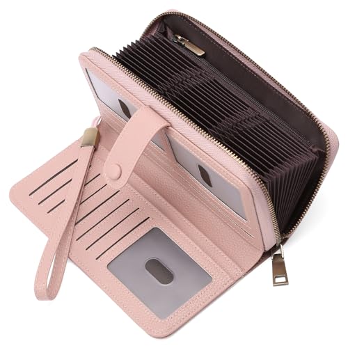 GAEKEAO Leather Credit Card Holder Wallet for Women RFID Blocking Large Capacity Bifold Zipper Card Case Organizer with Wristlet 45 Slots - color: Light Pink