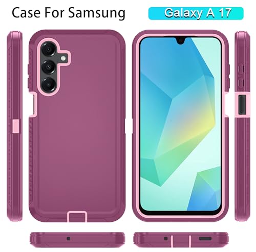 Qinmay Phone Case for Samsung Galaxy A17 5G Case, Galaxy A16 5G Case with HD Screen Protector, Heavy Duty Shockproof 3-Layer Cover Phone Case for Galaxy A17 / A16 ,WineRedPink - color: WineRedPink