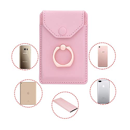 Cell Phone Card Holder RFID Ring Stand Stick on Wallet Card Holder for Back of Phone iPhone Android and All Smartphones Adhesive Credit Card Holder Pink - color: Pure Pink