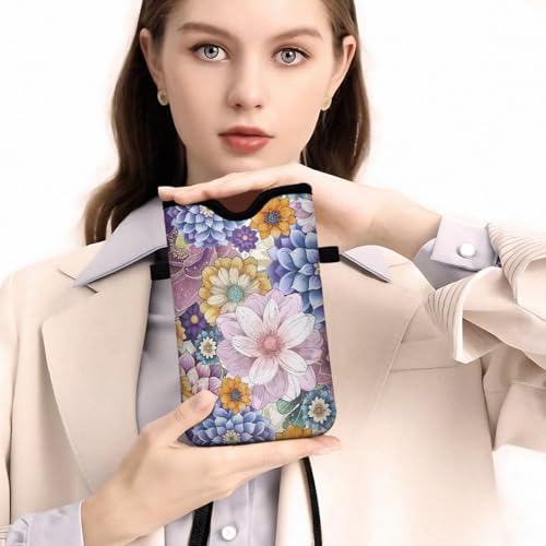 Universal Phone Sleeve Pouch with Crossbody Strap 7.6 X 4.3 Inches Shockproof Water Resistant Mobile Protection Bag-Purple Boho Floral Neoprene Phone Pouch Bag - color: Purple Boho Floral-Phone Pouch