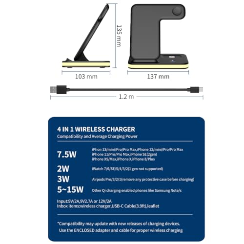 4 in 1 Wireless Charging Station, Travel Charging Pad, Soft Glow Night Light and Pure Copper Dual Coils, Wireless Charging Stand Dock for iPhone
