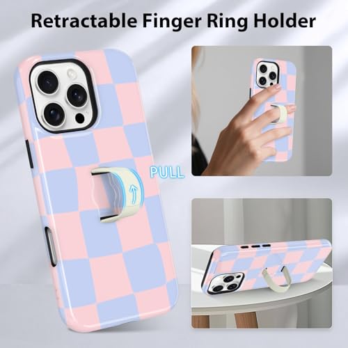 KANGHAR Compatible with iPhone 16 Pro Max Case Checkered -Pink Blue | Silicone Cute Pattern, Finger Hold Wristband Kickstand Camera Protection Soft Slim Phone Case for Girls Women - color: (Checkered)Pink Blue, size: iPhone 16 Pro Max