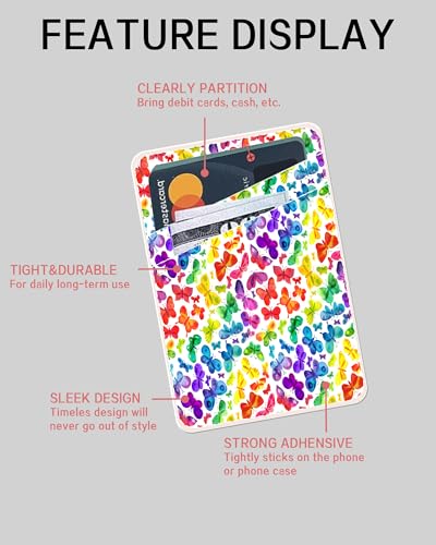 Dual Pocket Leather Phone Wallet Adhesive Stick On, Cute Credit Card Holder for Case, Compatible with Most Phones - Cute Colorful Butterfly - color: Cute Colorful Butterfly