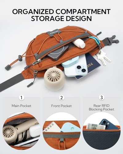 WATERFLY Small Fanny Pack RFID Blocking Travel Hiking Crossbody Waist Bag | Anti-theft design, Water resistant, Lockable zipper, Hidden rear pocket, Lightweight hip belt bag, EDC Running, Cycling, Gym - color: Brown
