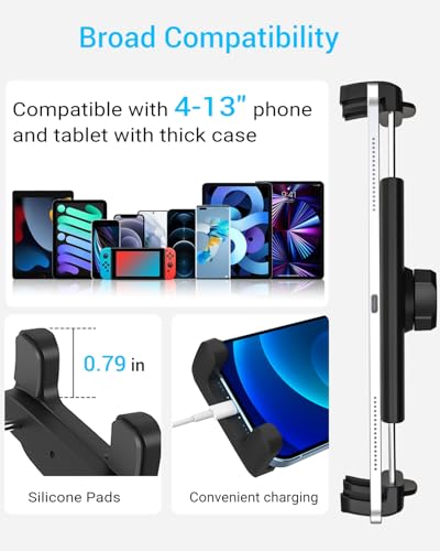 Gooseneck Tablet Holder for Treadmill and Peloton Bike Fit 4-13" iPad & Phone, Universal Clamp Mount with Flexible Arm for Spin Bike, Indoor Exercise Bicycle, Wheelchair, Stroller Handlebar
