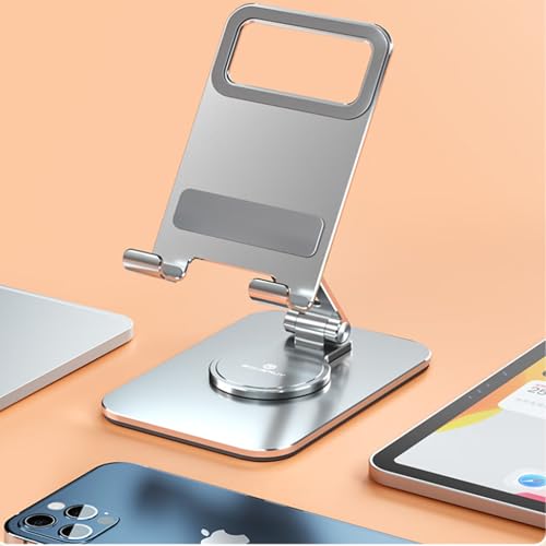 Cell Phone & Tablet Stand for Desk, Adjustable 360° Swivel Aluminum Alloy Desktop Phone Holder with 360-degree Rotating and Weighted Base,Foldable iPhone Stand for 4"-11" Devices - color: L05-Silver
