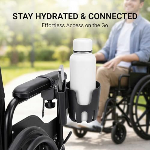 2-in-1 Universal Cup Holder with Phone Holder for Walker Wheelchair Rollator Stroller Bike Mobility Scooter, Adjustable Drink & Cellphone Storage, Easy Zip Tie Mount, Black