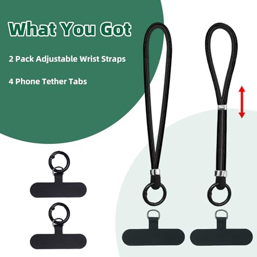 SEVENKA 2 Adjustable Phone Lanyards, Cell Phone Wrist Straps & 4 Phone Tether Tab with Spring O Ring Clasps, Phone Lanyard Patch, Secure, Stylish Multifunctional Hand Straps for Full Case - color: Black