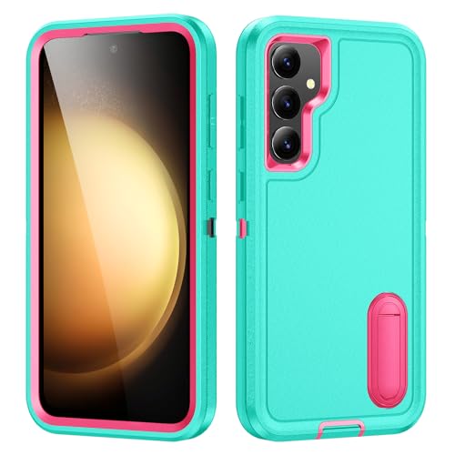 for Samsung Galaxy S23 FE Case with Kickstand Case 3-Layer Military Grade Protective Case Cover Silicone Heavy Duty Rugged Shockproof for Galaxy S23 FE Phone Case (Cyan+Rose Red) - color: Cyan+Rose Red
