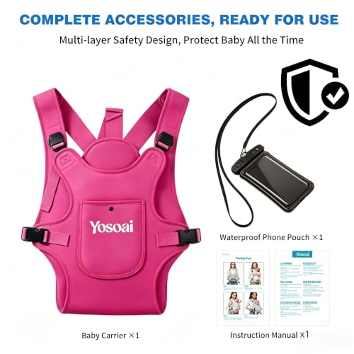 Yosoai Premium Neoprene Water Baby Carrier, Safer Wider 50mm Strap & 60mm Slide Lock Buckle, Ergonomic X+H Back Support, Quick Dry Land & Water Baby Carrier with Waterproof Phone Pouch - color: Hot Pink