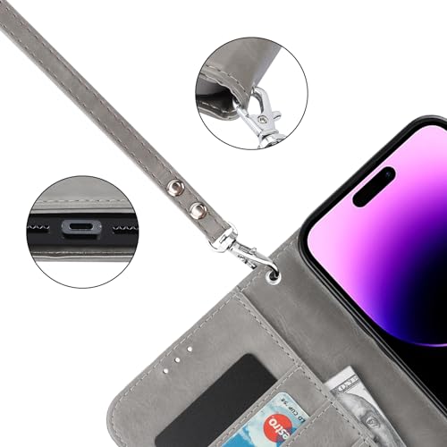 Bocasal Detachable Wallet Case Card Holder for iPhone 14 Pro Max Grey | RFID Blocking Kickstand Card Slots Holder PU Leather Magnetic Shockproof Wrist Strap Removable Flip Protective Cover 6.7 inch - color: Gray
