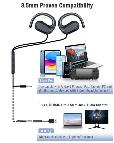 3.5mm Wired Earbuds USB Wired Headphones | Open Ear Headphones with Mic | Running Earbuds with Rotatable Earhook & Volume Control | Corded Plug-in for Traditional Phones, PC, Car AUX, Nintendo Switch
