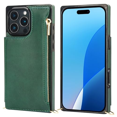 Bocasal Crossbody Wallet Case with Strap for iPhone 16 Pro Max, Green | RFID Blocking Card Slot Holder, Magnetic Flip Folio Purse Case, PU Leather Zipper Handbag Detachable Lanyard Strap 6.9 Inch - color: Green