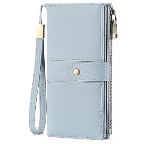 GAEKEAO Wallets for Women Leather RFID Blocking Large Capacity Card Case Ladies Wristlet Clutch Wallets Zipper Pocket with 4 ID Windows 20 Card Slots - color: Light Blue