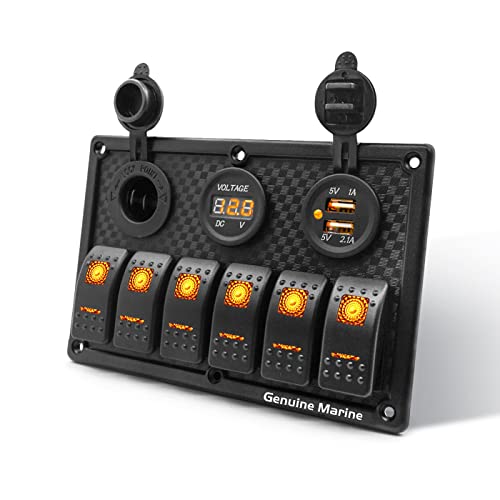 6 Gang Boat Rocker Switch Panel Marine 12V LED Illuminated Orange Rocker Switches, 12V Digital Voltmeter Display, 5V Dual USB Charger Socket for RV Car Tow Truck Vehicles Yacht Ship
