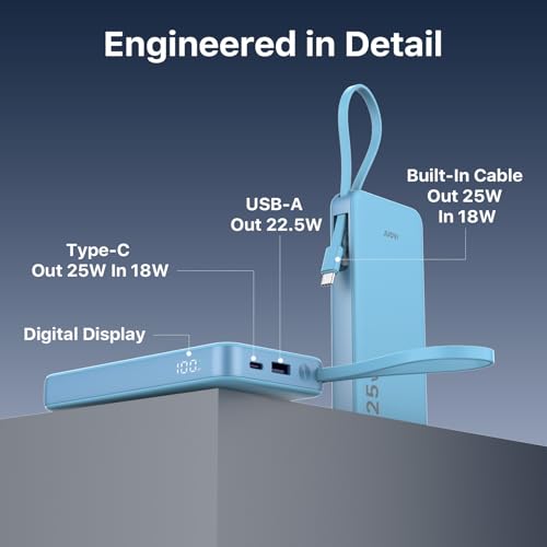 JUOVI 25W Portable Charger 10000mah Power Bank Built-in USB-C Cable - color: Blue