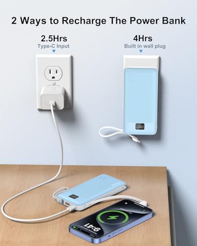 Portable Charger 10000mAh Power Bank w/Built-in 3 Cables & AC Wall Plug - color: Blue