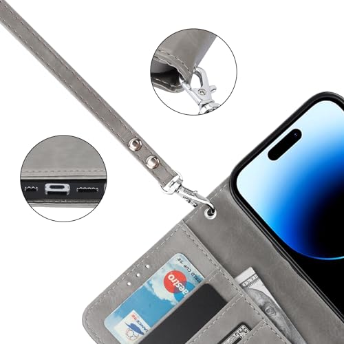 Bocasal Detachable Wallet Case Card Holder for iPhone 14, Grey | RFID Blocking Kickstand Card Slots Holder PU Leather Magnetic Shockproof Wrist Strap Removable Flip Protective Cover 6.1 inch - color: Gray