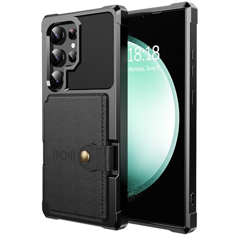 for Samsung Galaxy S24 Ultra Case with Card Holder, Compatible with Magnetic Car Mount, Heavy Duty Shockproof Rugged Soft TPU Back Leather Flip Wallet Cover 6.8 inch, Black | Compatible with Magnetic Car Mount, Shockproof Rugged Soft TPU Hard Back Leather
