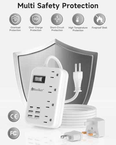 European Travel Plug Adapter, US to Europe Power Strip,6 USB,4 Outlets,3ft - size: Type C/A/G Plug-3ft-24W USB