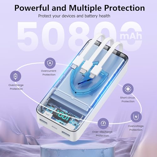 Portable Charger Power Bank 50800mAh,25W USB C Fast Charging Battery Pack with 3 Built in Cables & LED Display,6 Outputs 2 Inputs Travel Essentials Phone Charger for iPhone 18/17/16/15,Android,White - color: White