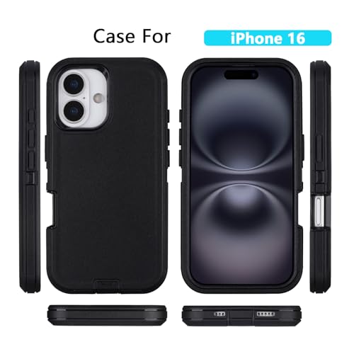 for iPhone 16 Case with Belt Clip Holster + Screen Protector, Black | Heavy Duty Drop Protection, 3-Layer Rugged Shockproof Anti-Drop Full Body Protective Case for iPhone 16 6.1 Inch - color: Black
