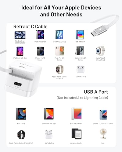 Fast Charger for iPhone 16 Pro Max, 30W GaN USB-C Charger Block, 2 Port w/Built-in Retractable C Cable & Foldable Plug, PD/PPS for iPhone 16 Series/Pixel 9 pro/Galaxy/iPad (USB C Cable)